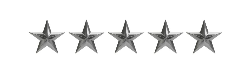 Five silver stars isolated against white, rating concept. 3d illustration